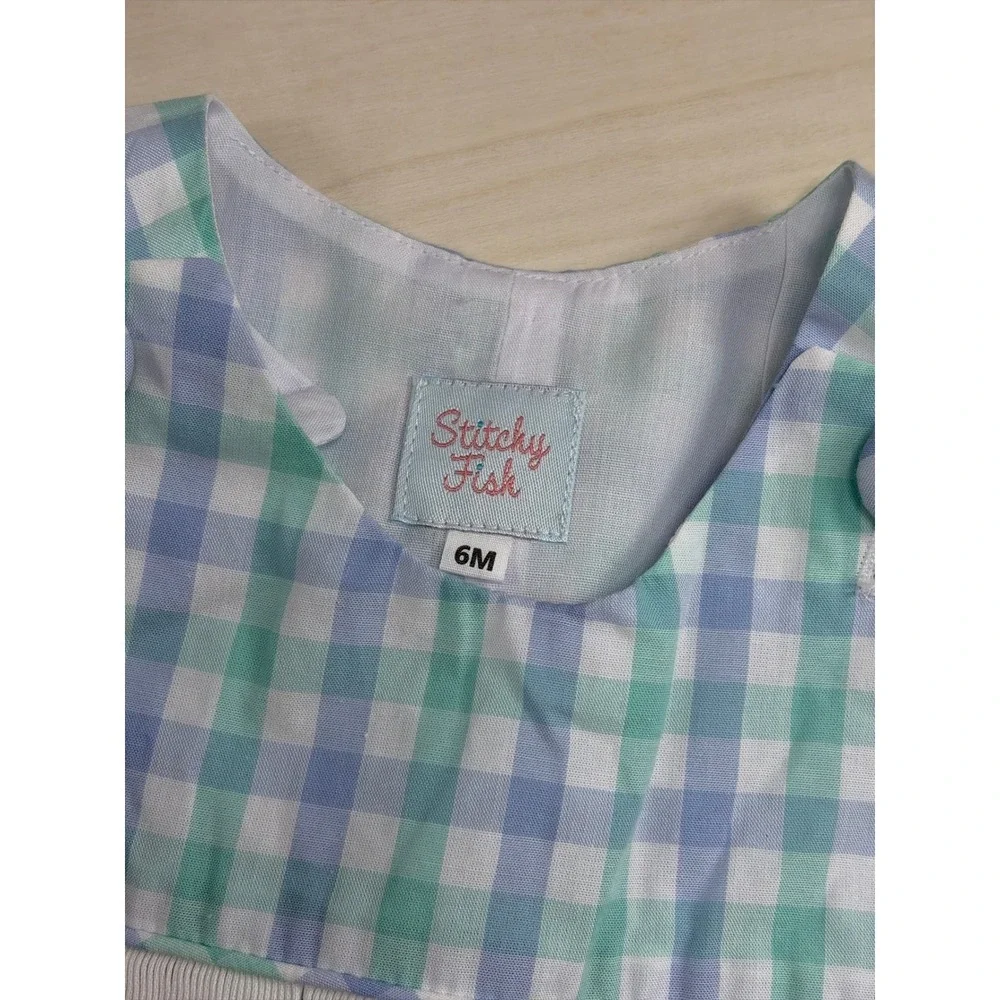 Stitchy Fish Baby Boys Smocked Golden Retriever Dog Gingham Romper Blue Green 6M